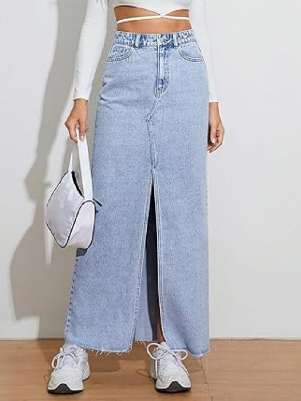 Denim Maxi Skirt M Blue Light Wash Front Slit High Rise Long Length Raw Hem New